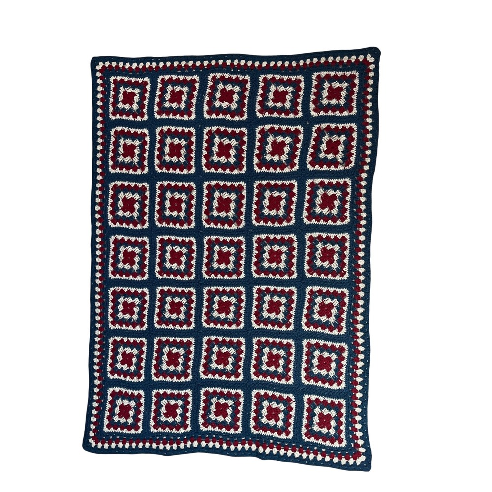 50" x 75" Handmade Crochet Afghan Squared Blanket Patriotic Red White Blue Throw